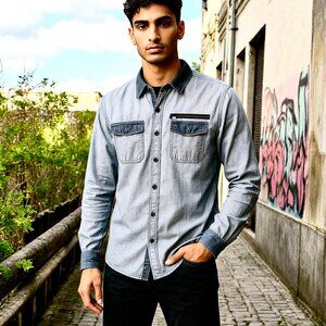 Ecko Unlimited Blue Stripes SNAP Cotton Shirt Long Sleeves Roll up